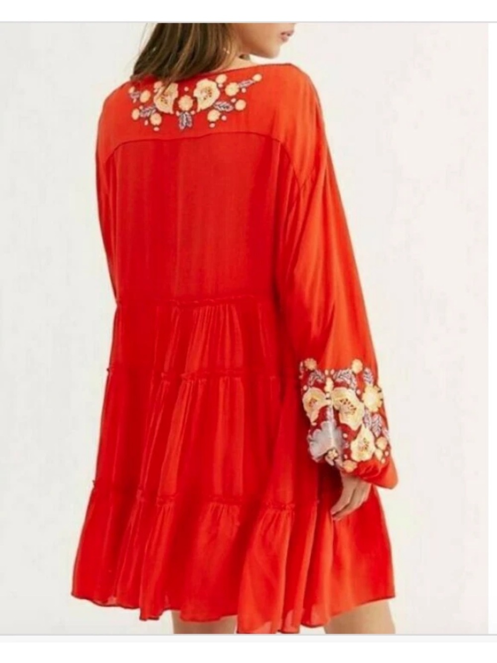 $148 Free People Spell On You Poppy Red Floral Embroidered Peasant Dress Large - Picture 3 of 7